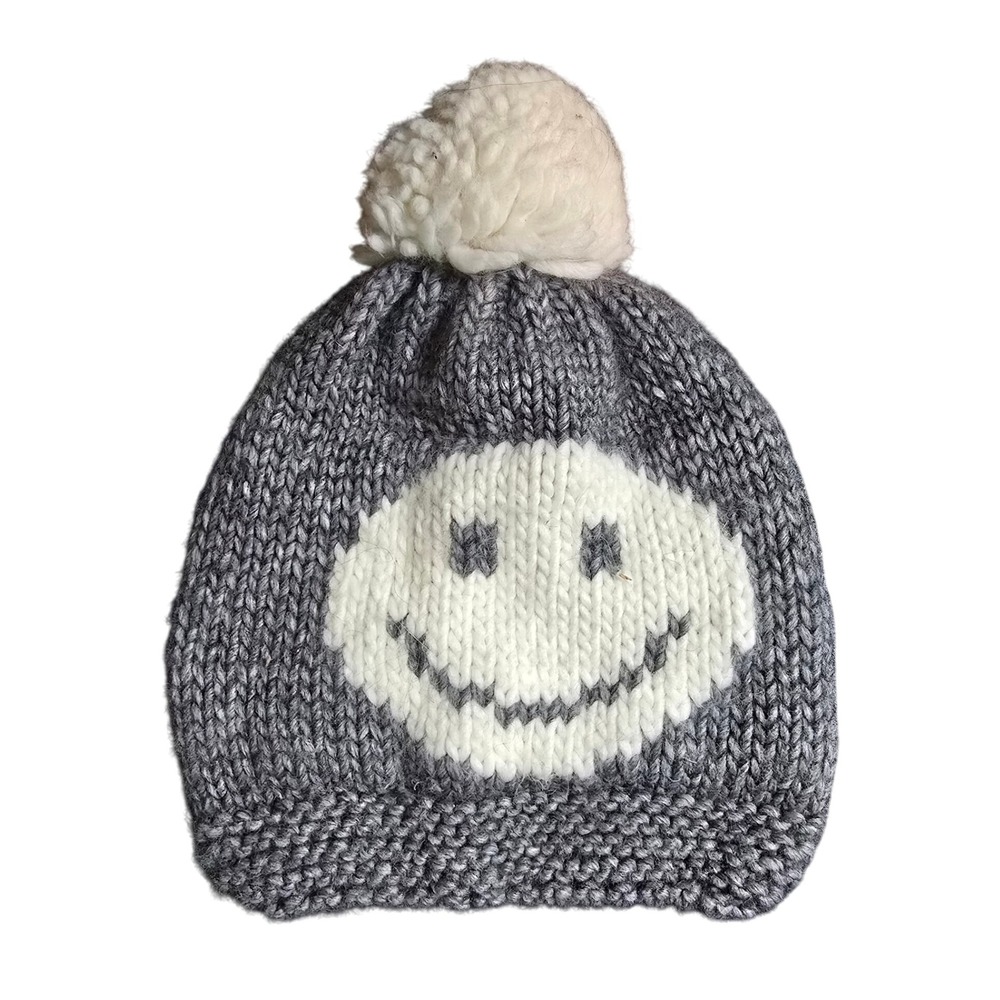 Nardi‎ Tagliaferri Knit Beanie Pom Pom Smiley Face Gray White Made Italy